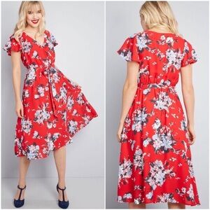 Modcloth Fits Of Bliss Short Sleeve Dress
Red Floral Midi Boho Wedding Guest EUC